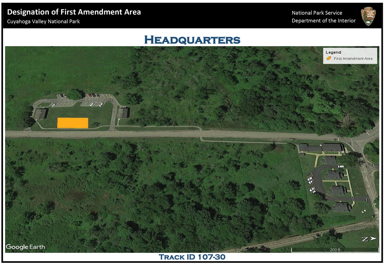 Aerial view of the Headquarters area; on the right side is the intersection of Riverview Road and Vaughn Road; on the left side - north of Riverview Road, between two buildings - is a yellow rectangle indicating the location of the first amendment area.