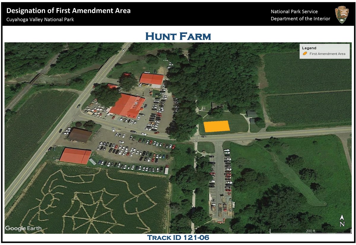 Aerial view of the Hunt Farm area; to the left is the intersection of Riverview Road and Bolanz Road; north of Bolanz Road - between the road and Hunt House - is a yellow rectangle indicating the location of the first amendment area.