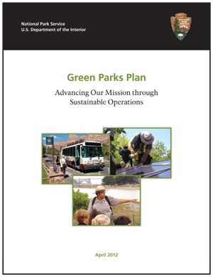 Cover of a report with title "Green Parks Plan: Advancing Our Mission through Sustainable Operations".