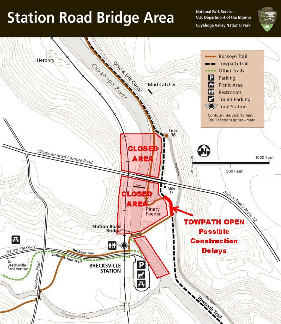 Brecksville Dam Construction Area Closure MAP A map of Station Road Bridge Trailhead showing the area closed for dam deconstruction.