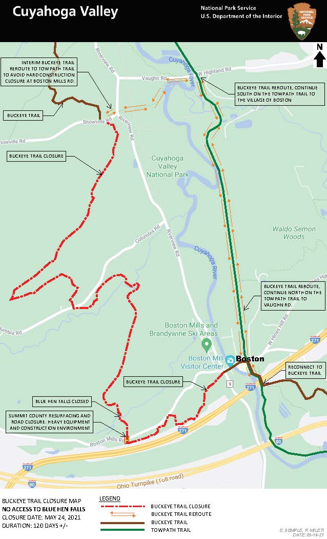 Map of the Buckeye Trail in Boston Township and Brecksville showing a detour using the Towpath Trail.