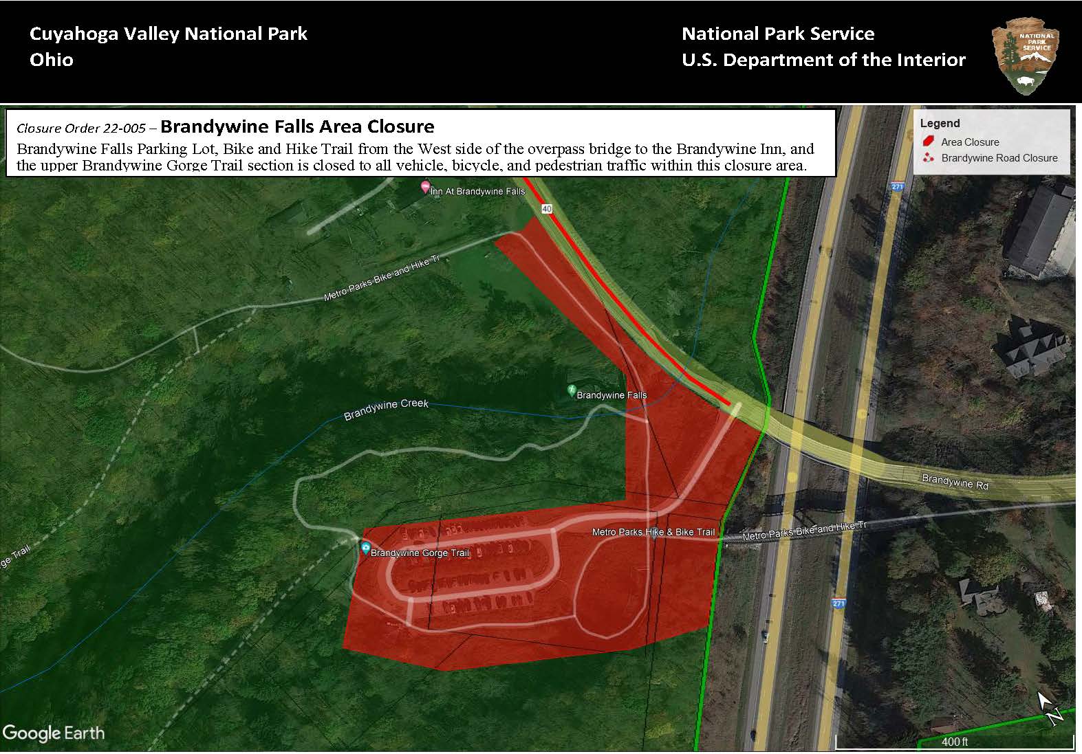 CUVA Closure Map 22-005 Brandywine Falls Area Aerial image of Brandywine Falls area with closed section highlighted in red.