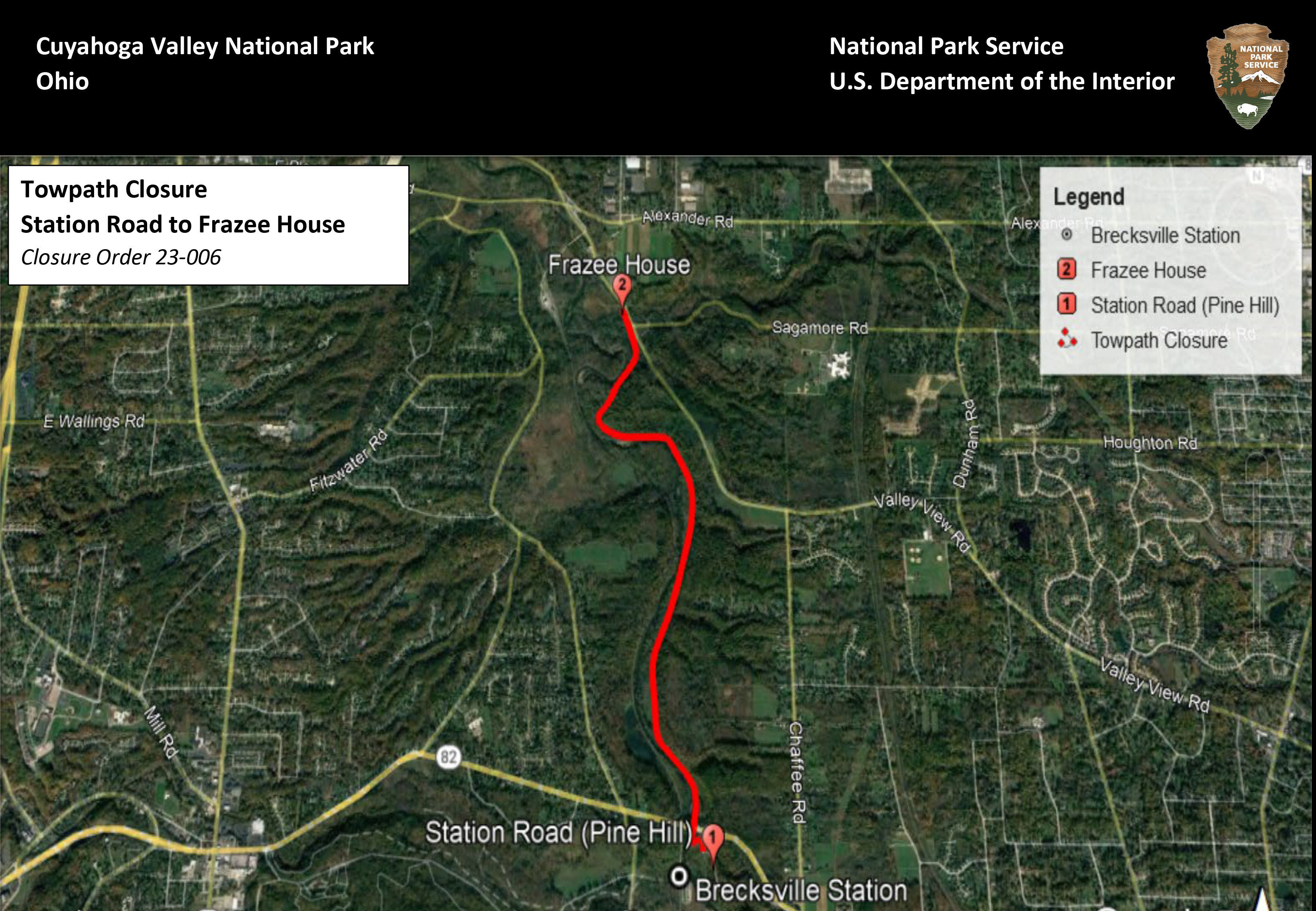 A map of a towpath closure from Station Road to Frazee House.