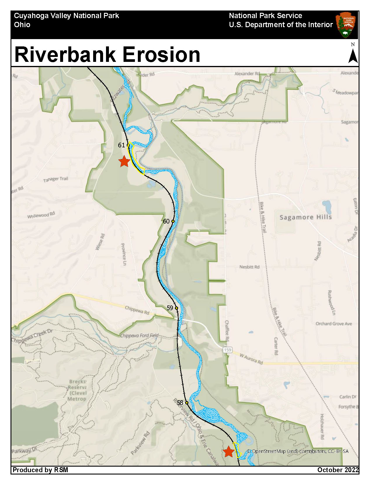 A map of the Cuyahoga River with two stars at the locations of the railroad track closures. The top closure is near mile marker 61 and the second closure is below mile marker 58.
