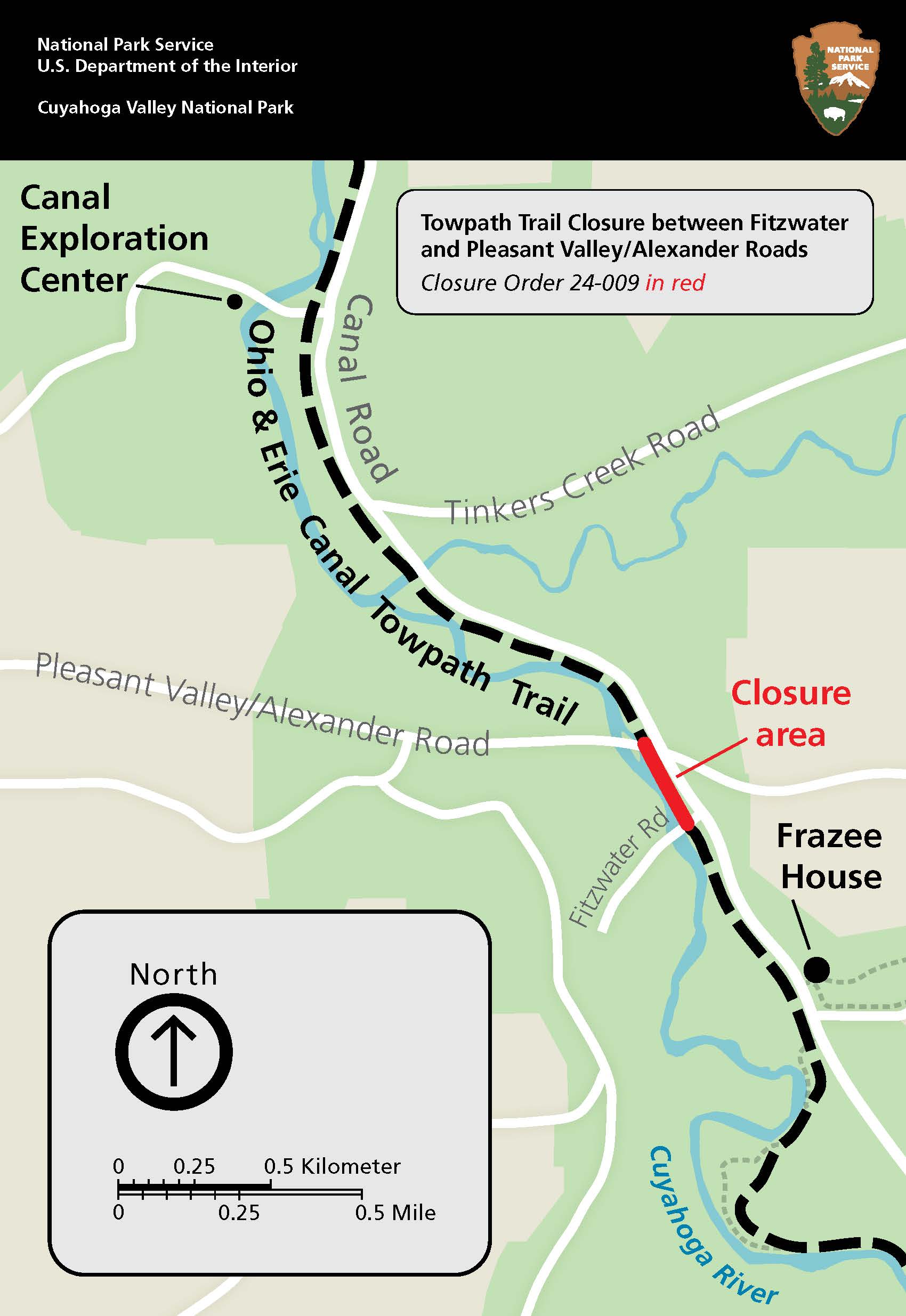 Closure Map Towpath between Fitzwater and Pleasant Valley/Alexander Roads Map of section of park and surrounding area; closure of Towpath shown in red; black bar at top with NPS arrowhead symbol.