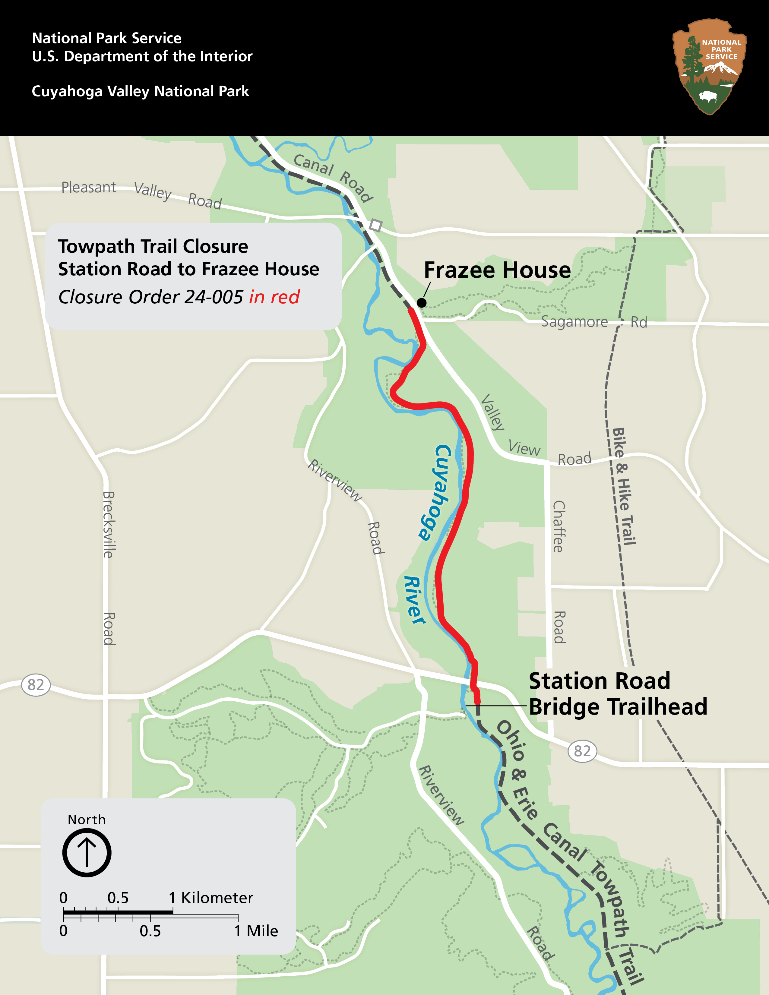 Closure Map Map of section of park and surrounding area; closure of Towpath shown in red; black bar at top with NPS arrowhead symbol.