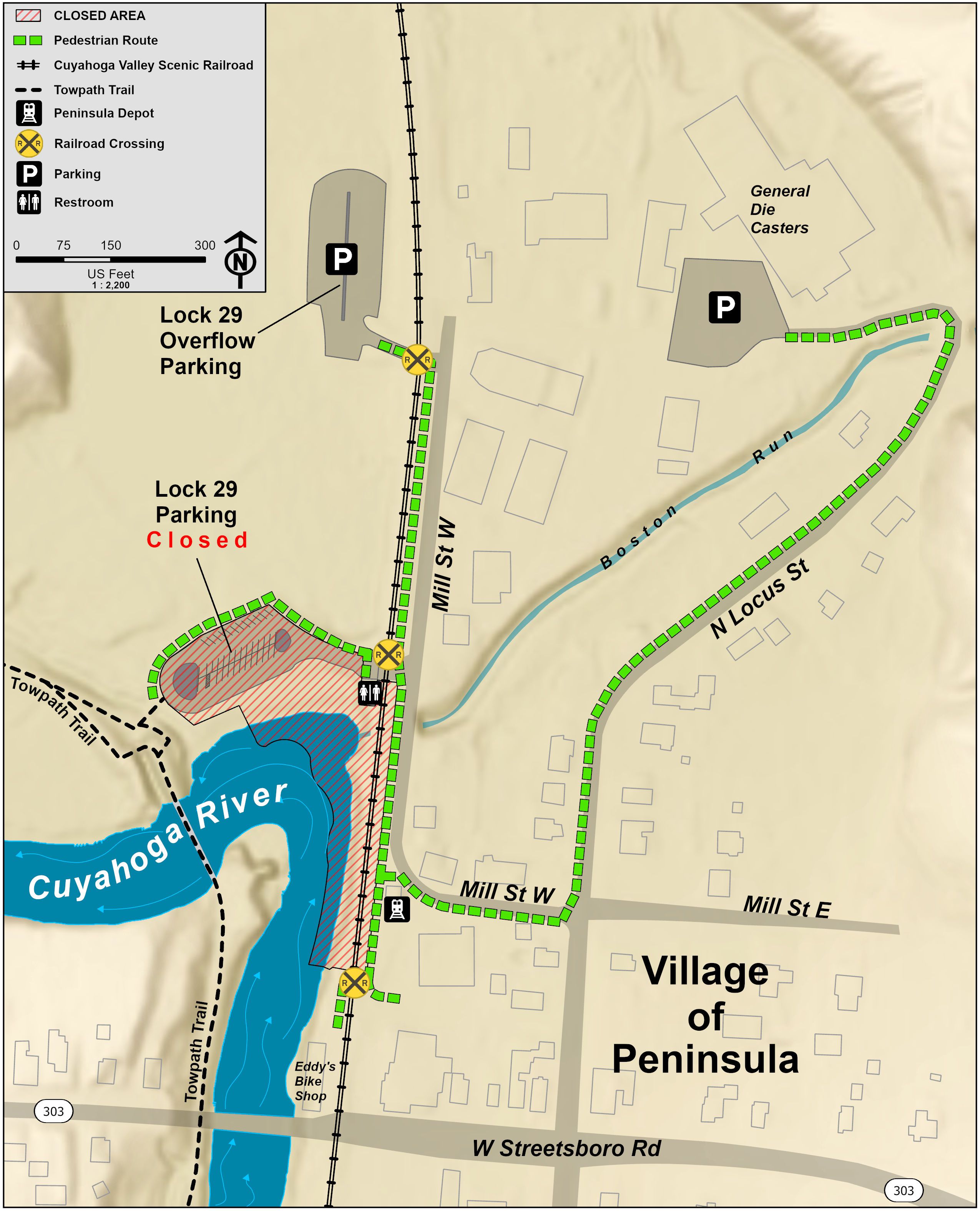 Peninsula Lock 29 parking lot closure map A map showing the closed area around Lock 29, available parking, and pedestrian route.