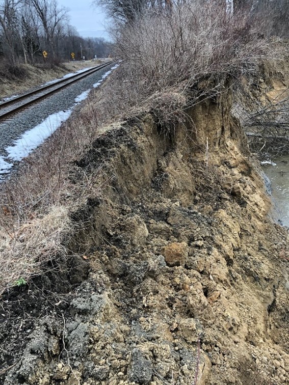 Railroad tracks to the left, steeply eroded riverbank to the right. Leafless trees on either side of tracks.