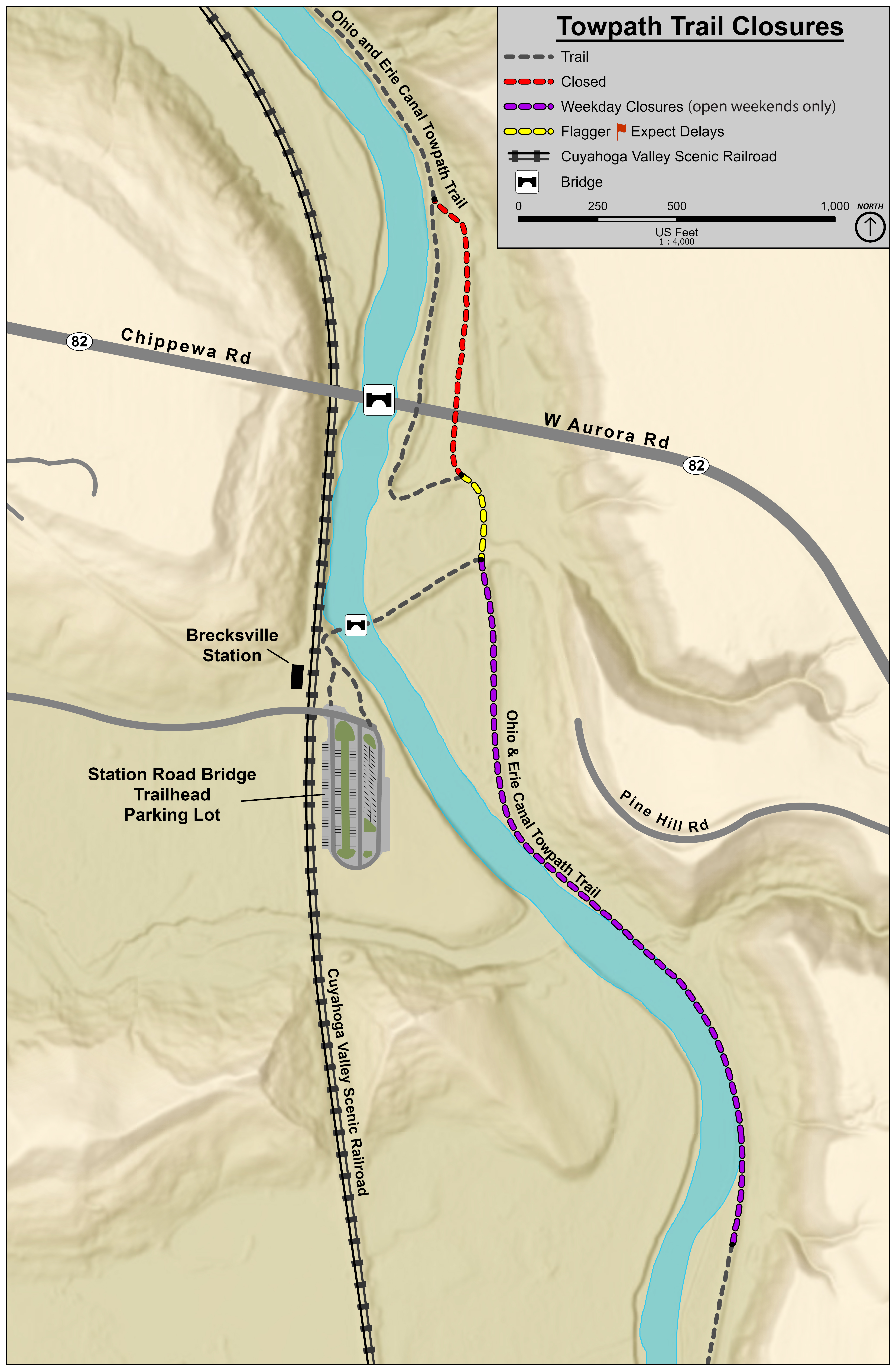 Station Road Towpath Closure_Phase 2 edited (1) A map of the Station Road Bridge area showing the parking lot, bridge, river, railroad, and towpath with closed section highlighted.
