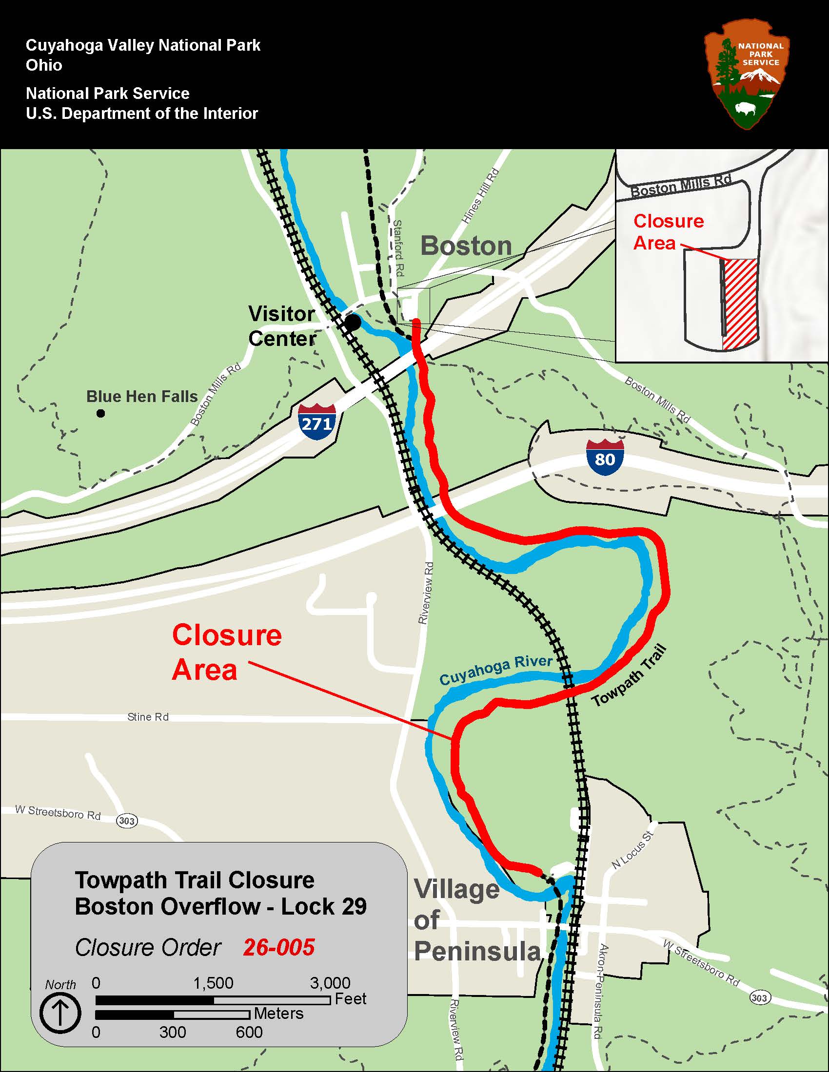 Towpath Trail Map showing Boston, Peninsula, Cuyahoga River, railroad tracks and trail with closure in red.