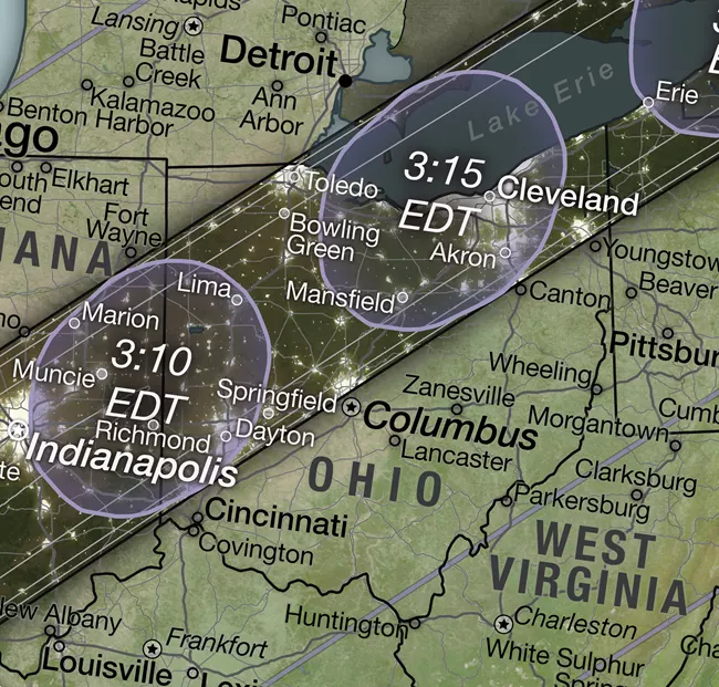 An excerpt of a NASA map shows the path and timing of the eclipse over Ohio