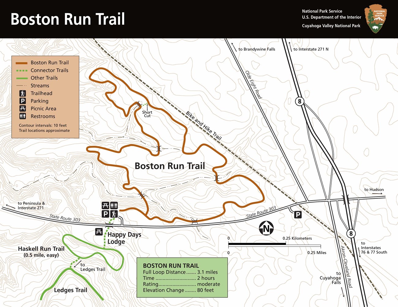 Boston Run trail off State Route 303 starts from the Happy Days Lodge parking lot. A 3.1-mile loop with 80 feet elevation change. Connect to Haskell Run and Ledges Trail for a longer hike.