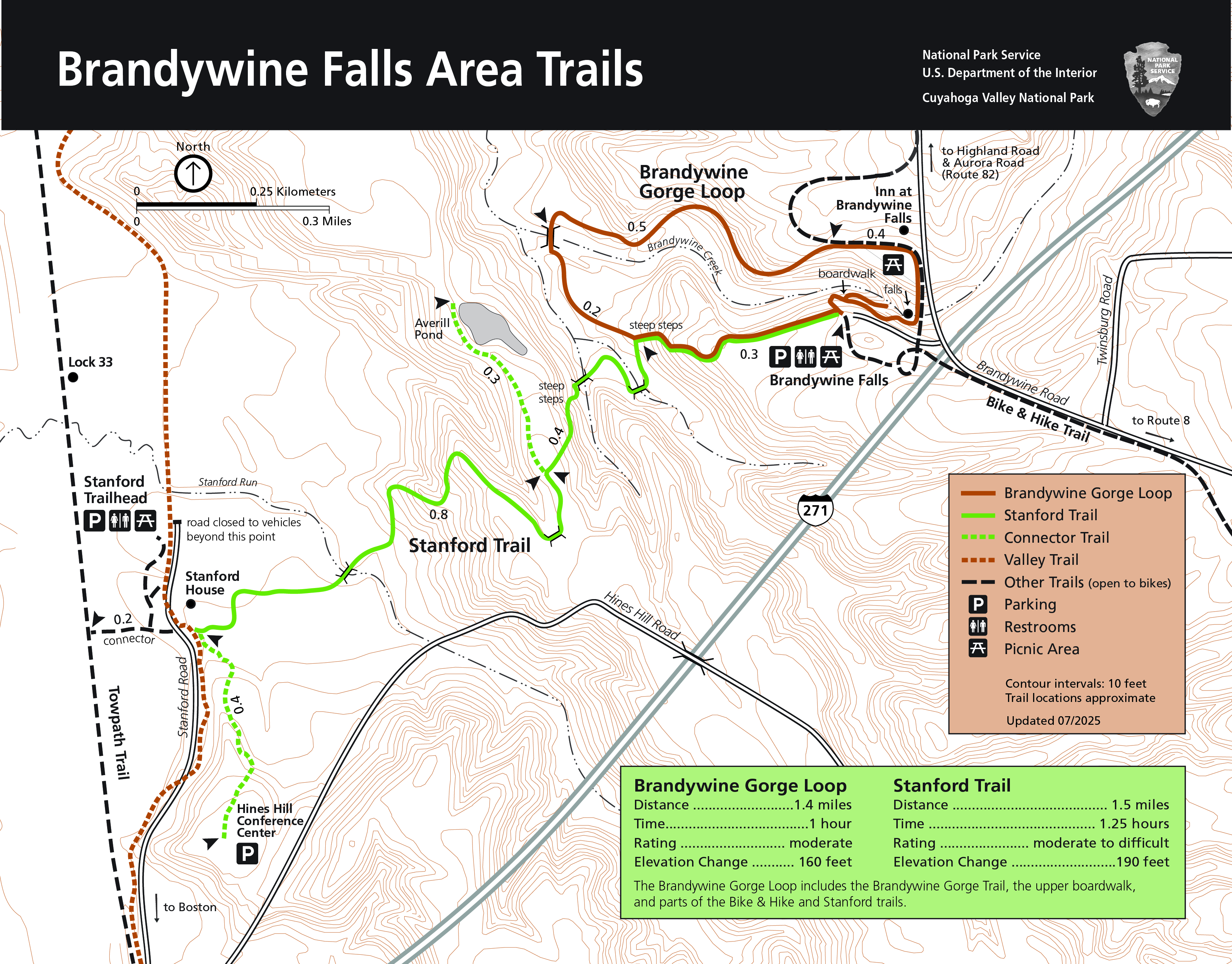 Trail map with black bar at top and white text, "Brandywine Falls Area Trails"; includes information about the roads and trails leading to the falls, including Brandywine Gorge Loop and Stanford Trail.