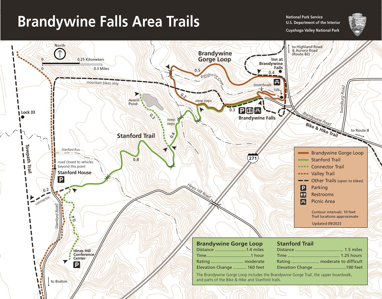 Trail map with black bar at top and white text, " Brandywine Falls Area Trails"; includes information about the roads and trails leading to the falls, including Brandywine Gorge Loop and Stanford Trail.