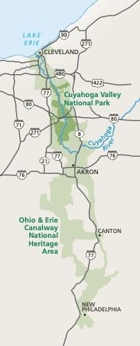 A map of the area of Cuyahoga Valley National Park (CVNP) as well as the areas immediately surrounding it.