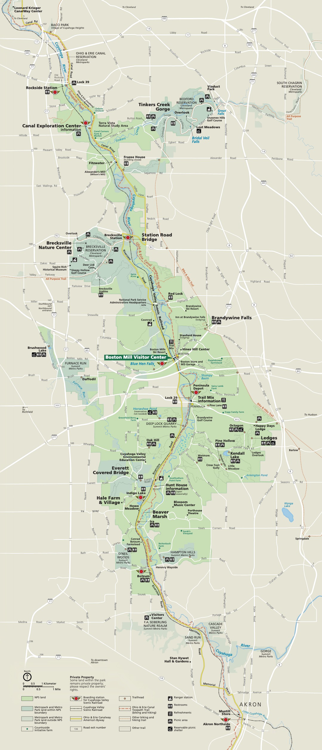 A Map Of The Entire Area Of Cuyahoga Valley National Park (CVNP). The Boundaries And Interior Of The Area Designated To CVNP Are Colored A Light Green. Markers Indicate Destinations Across The Park As Well As Various Amenities And Roadways. - A map of the entire area of Cuyahoga Valley National Park (CVNP). The boundaries and interior of the area designated to CVNP are colored a light green. Markers indicate destinations across the park as well as various amenities and roadways.