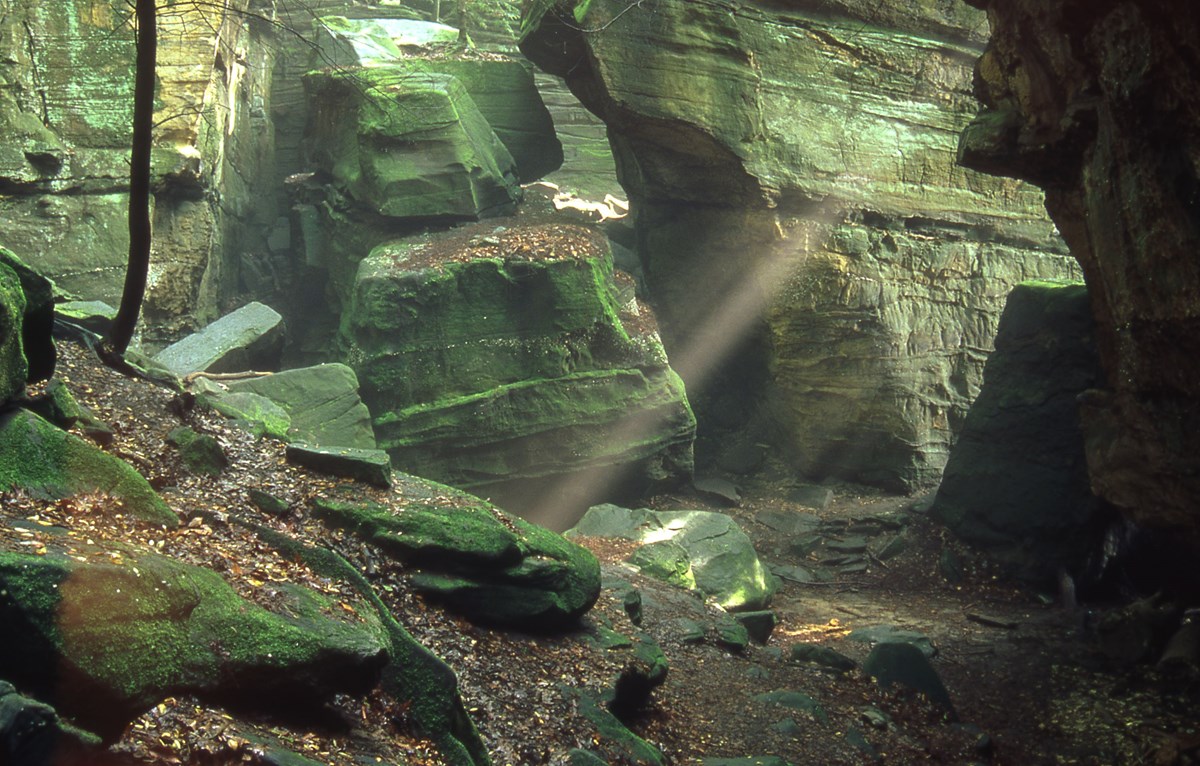 The Ledges rock formations covered in moss The Ledges rock formations covered in moss