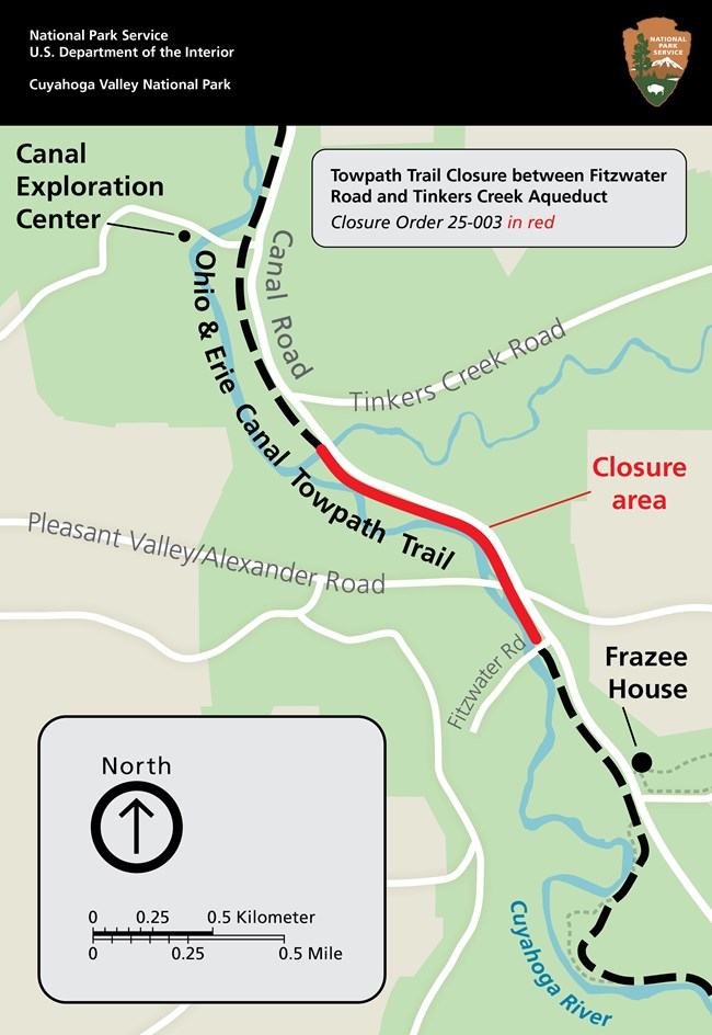 Map of the Towpath Trail between Frazee House to the south and Canal Exploration Center to the north; a red section in the middle marked "Closure area" shows where the trail is closed between Fitzwater Rd and where Tinkers Creek passes under the trail.