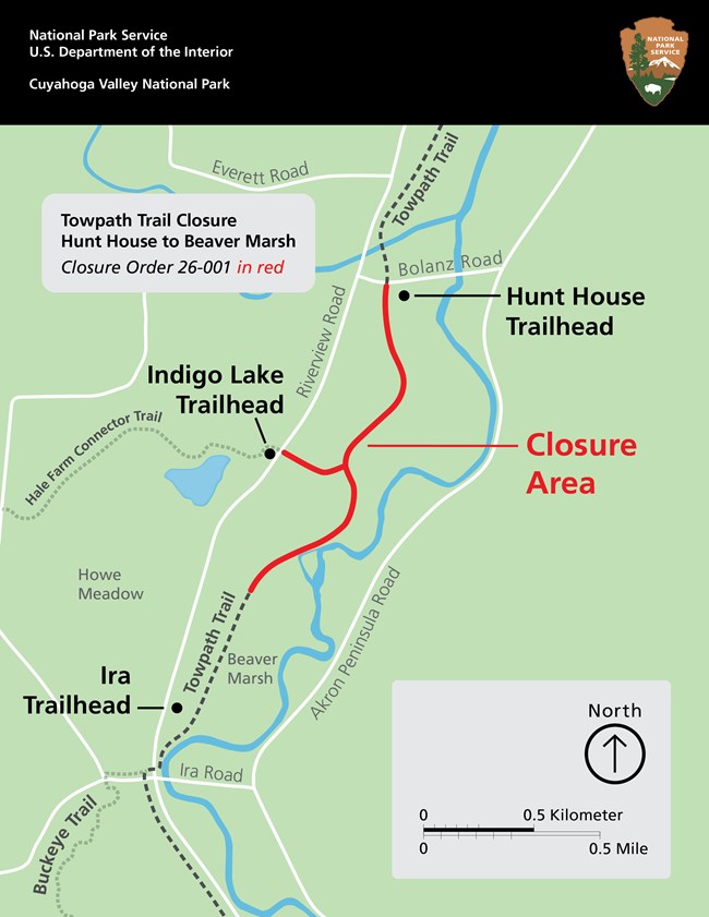 Map showing Towpath Trail closure between Hunt House Trailhead to the north and Beaver Marsh to the south with closure marked in red. Black bar and NPS arrowhead at the top.