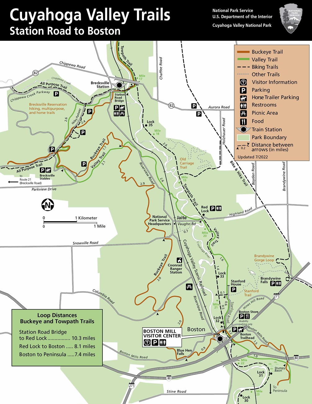 The major trails, roads, and locations from Station Road Bridge to Boston Mill Visitor Center with their amenities. Riverview Road runs through the middle of the park with Station Road Bridge, Jaite, and Boston located off Riverview Rd.