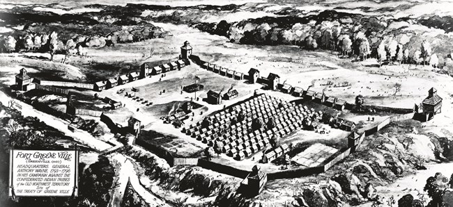 Black and white drawing of a rectangular fort; in the bottom left corner a label reads "Fort Greene Ville".