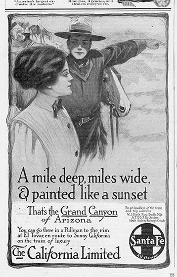An illustrated advertisement depicts a woman and a uniformed ranger with a horse; text reads "A mile deep, miles wide, & painted like a sunset / That's the Grand Canyon of Arizona".