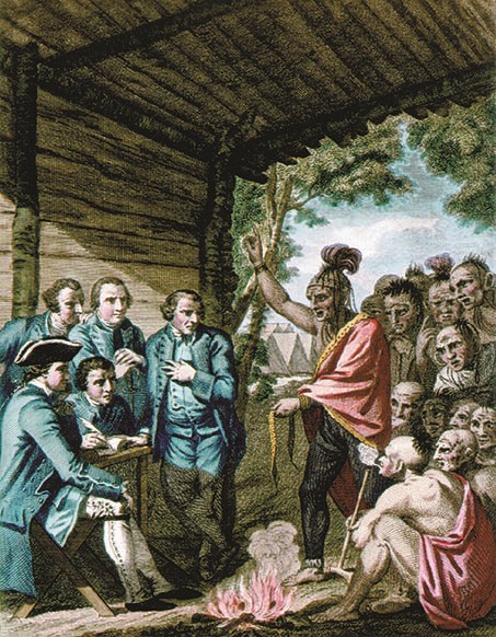 Drawing of a group of Europeans on the left and a group of Native Americans on the right; one Native person addresses the group from the middle near a fire.