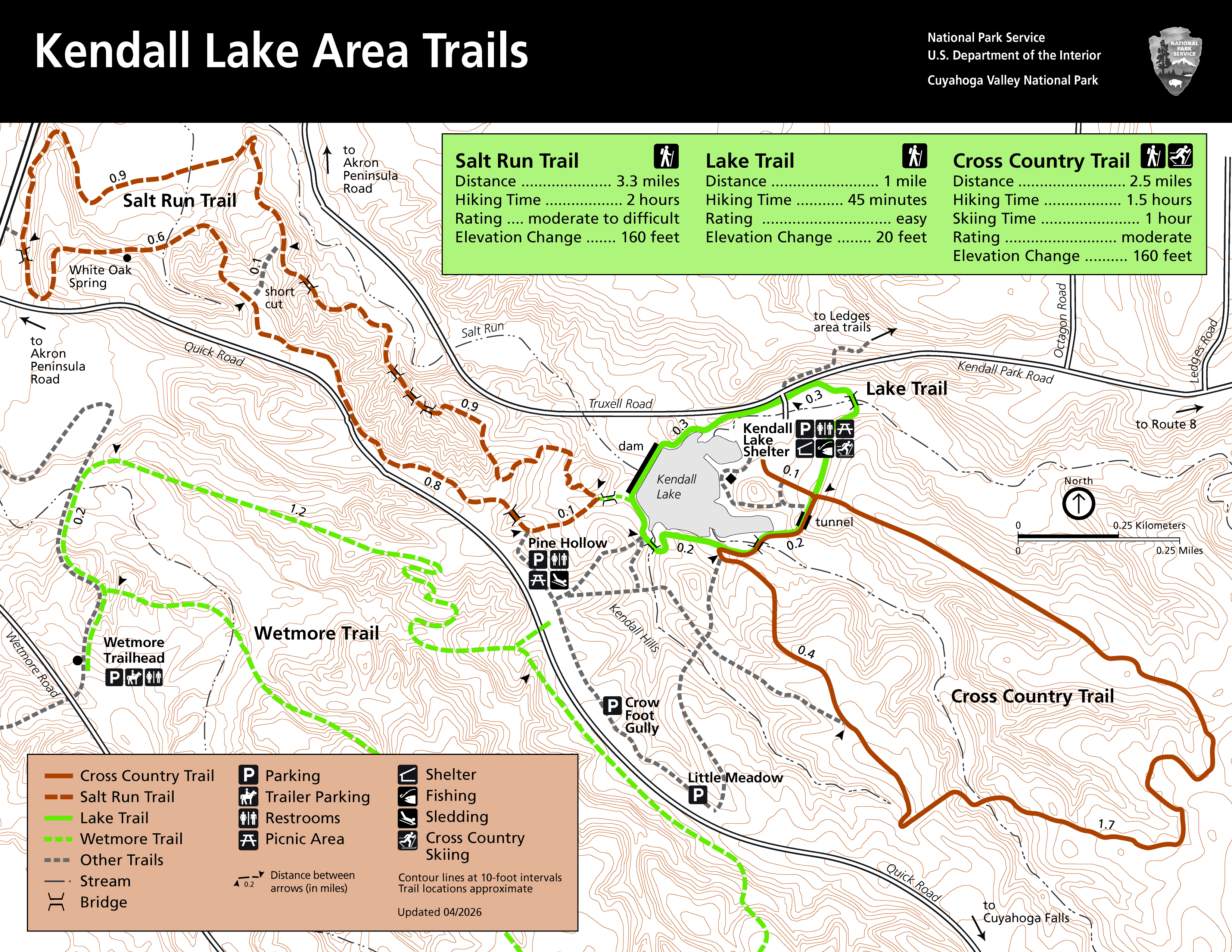 Salt Run, Lake, and Cross Country Trails around Kendall Lake and Hills. Salt Run Trail, 3.3-mile loop, 160 feet elevation change. Lake Trail, 1 mile loop, 20 feet elevation change, stairs. Cross Country Trail, 2.5-mile loop, 160 feet elevation change.