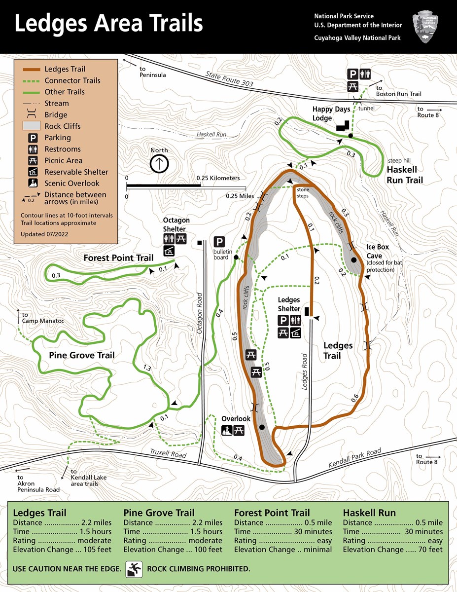 Ledges Trail, 2.2-mile loop, 105 feet elevation change, steep stairs. Pine Grove trail, via Octagon, 2.2-mile loop, 100 feet elevation change. Forest Point from Octagon, 0.5-mile loop. Haskell Run trail, 0.5-mile loop, 70 feet elevation change.