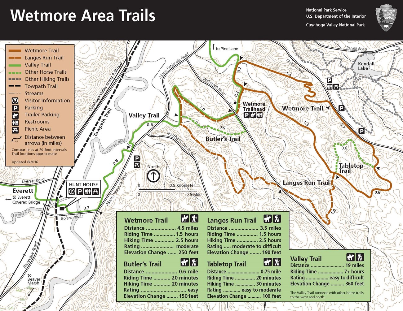 Wetmore Area trails allow horses and hikers. Wetmore, 4.5 miles, 250 ft elevation change. Butler’s, 0.6 miles each way, 150 ft elevation change. Langes Run, 3.5 miles, 190 ft elevation change. Tabletop, 0.75 miles each way, 100 ft elevation change.