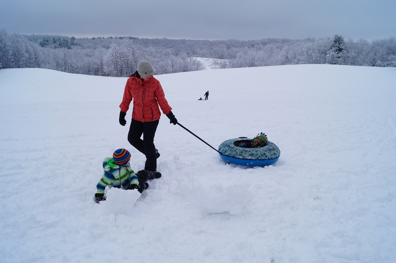 Woman and two children play in the snow; snow-covered trees and hillside behind them.