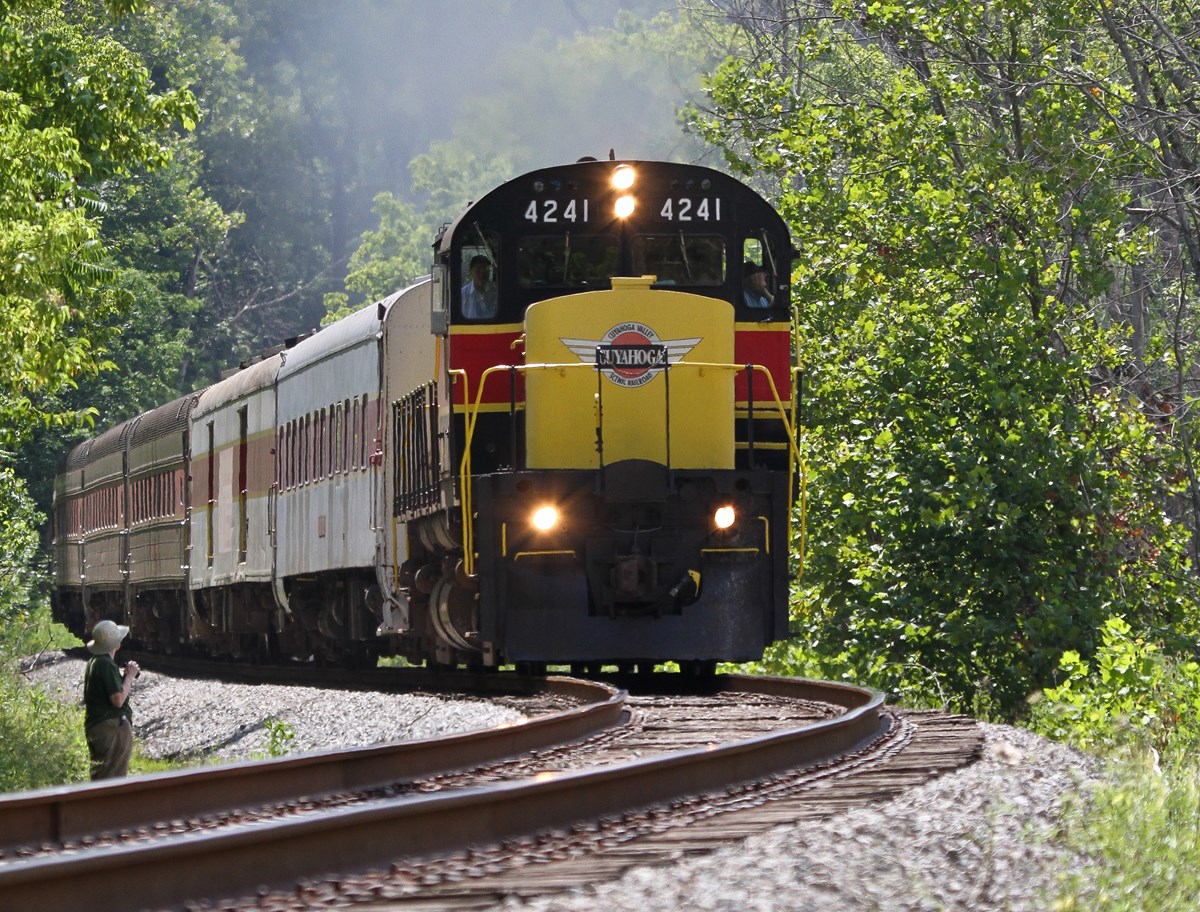 A black-and-yellow passenger train approaches a curve in a track; green trees in the background.
