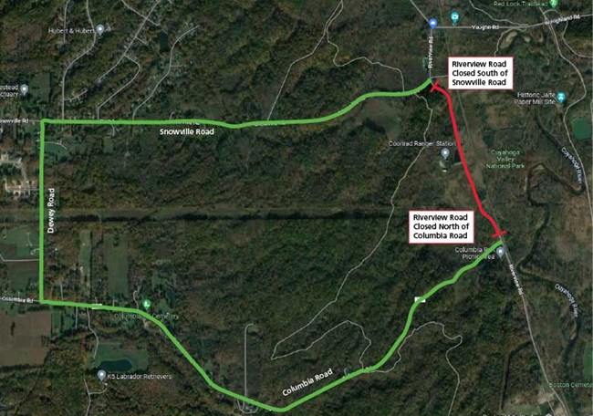Road closure showing detour from Riverview Road to Snowville Road to Dewey Road to Columbia Road back to Riverview Road.