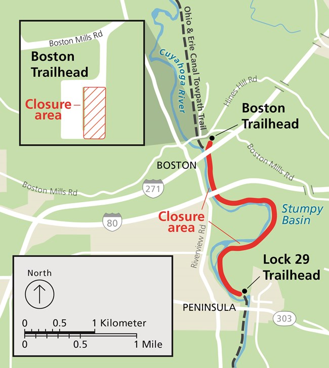 Map showing Towpath Trail closure between Boston to the north and Peninsula to the south with closure marked in red.