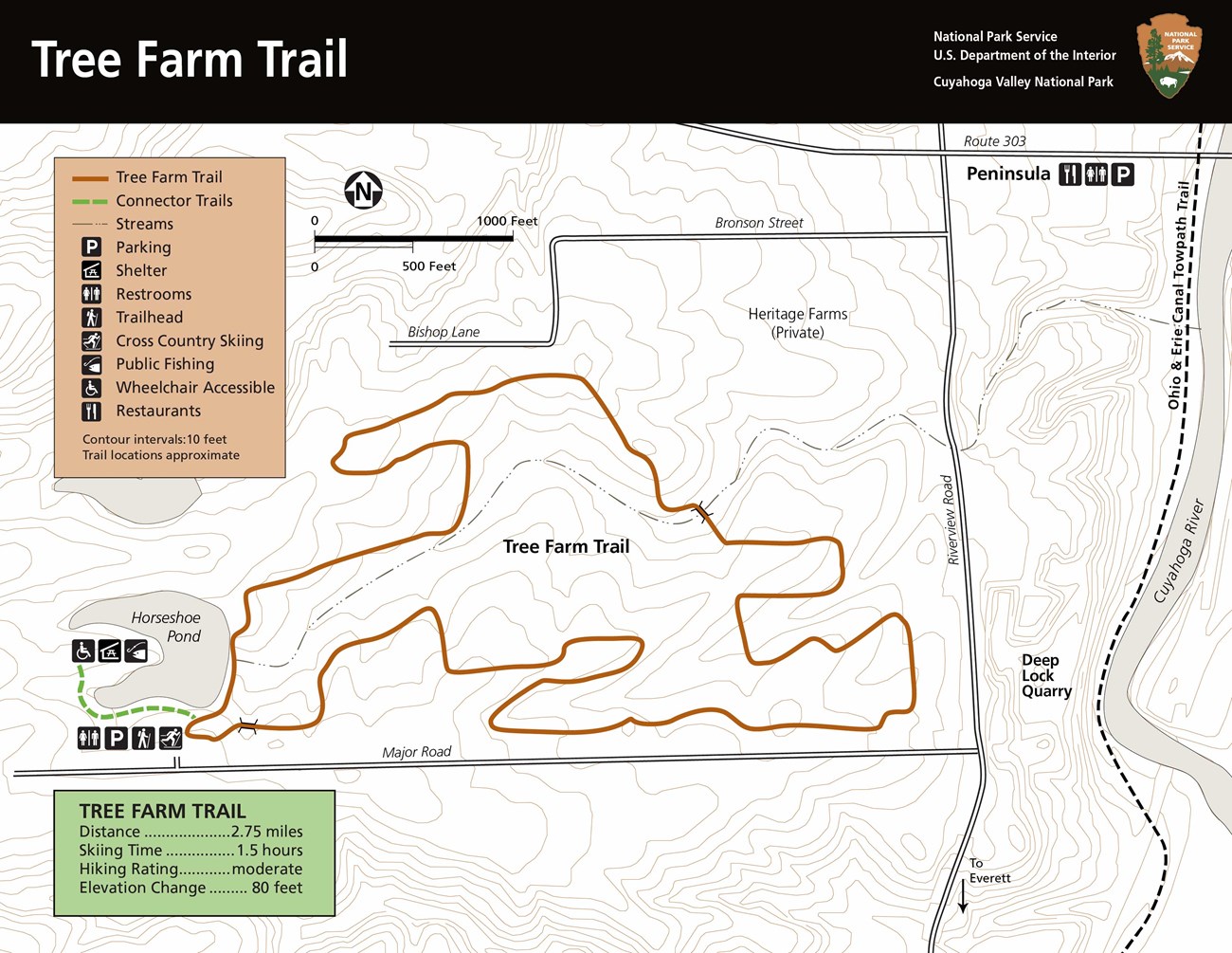 Tree Farm Trail starts from the Horseshoe Pond parking lot. A 2.75-mile loop with 80 feet elevation change. Access the trail from Major Road, located south of Peninsula off Riverview Road.