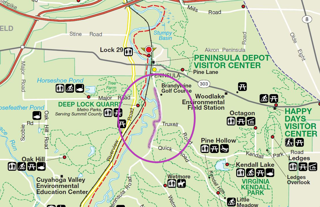 A map of the Valley Trail from the Peninsula area to the Wetmore area with the closure section in purple.
