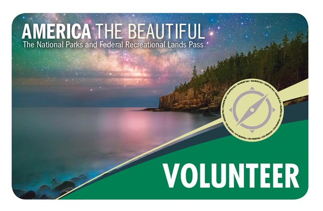 2019 Volunteer pass image with a view of a lake with a forested island in the background with the Northern Lights coloring the sky in pinks, greens, and yellows.