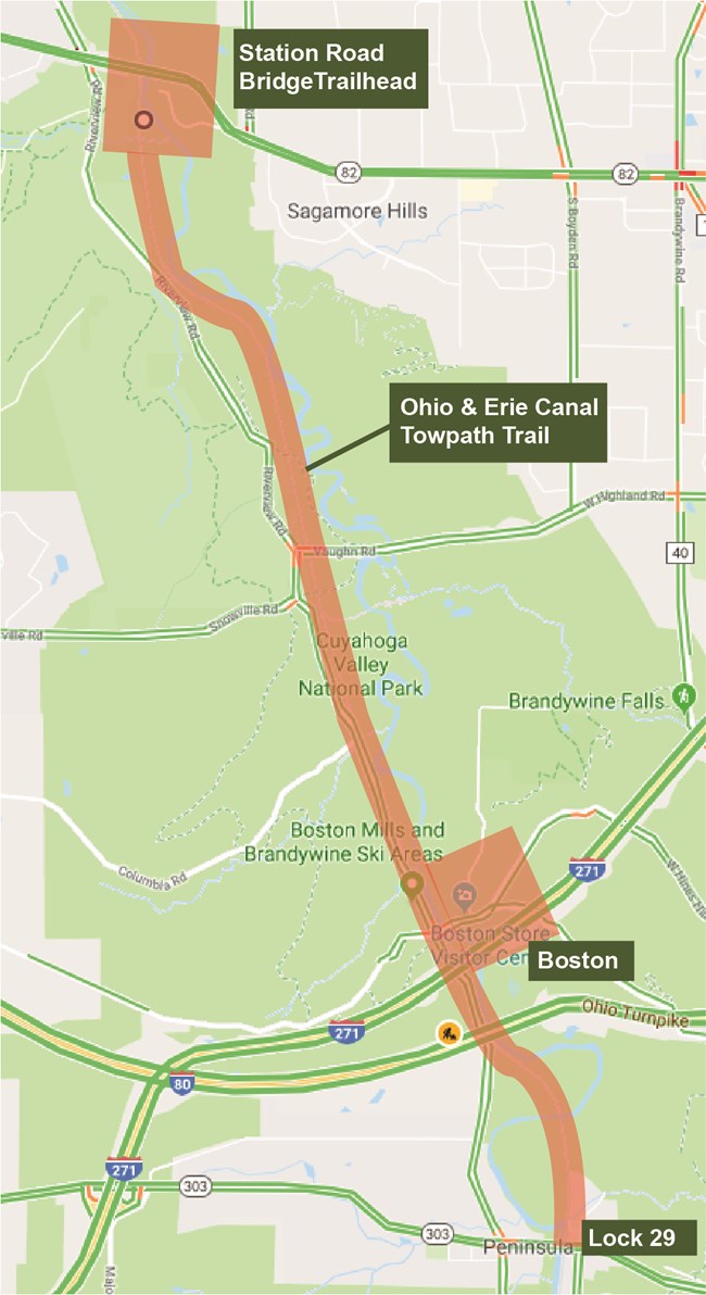 Image of permit closure map with mark up of Towpath Trail detour. Google map image of area around the center of Cuyahoga Valley National Park.