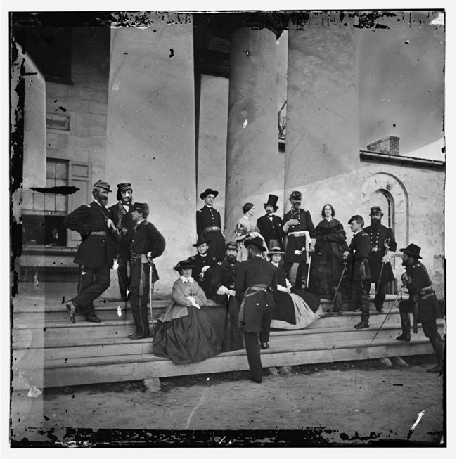 Union officers and civilians at Arlington House in Virginia during the Civil War.