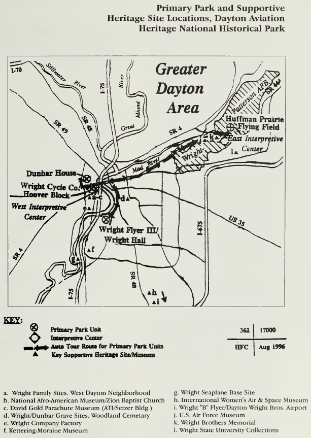 An aerial map showing the park's sites in relation to the greater dayton area