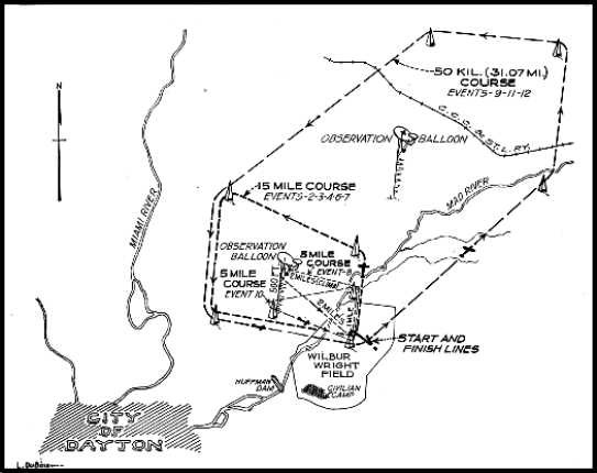 Map of the Air Race courses Black and white map outlining the routes of the air races above Wright Flying Field.