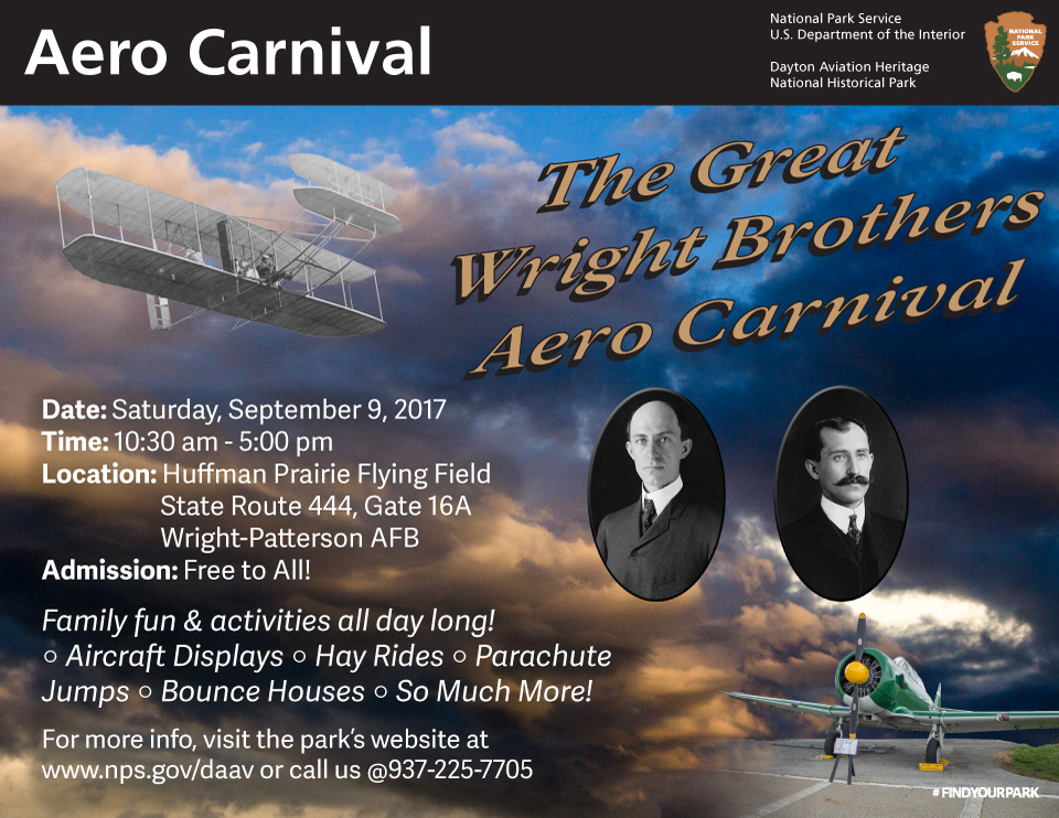 Photos of Orville & Wilbur Wright on right along with a photo of a vintage plane on bottom right with a cloudy sky background