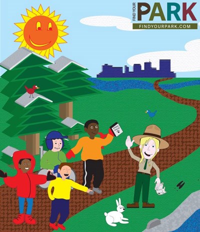 Cartoon caricatures of kids and park ranger outdoors