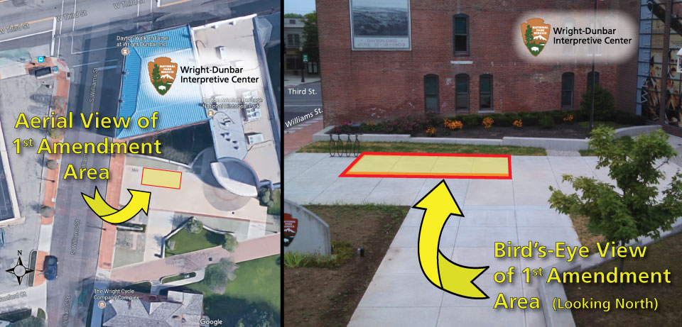Views of a plaza with yellow squares and arrows showing the 1st Amendment area