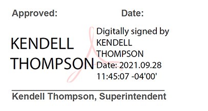Signature of the Superintendent Kendell Thompson on Compendium header approved 28 September 2021.