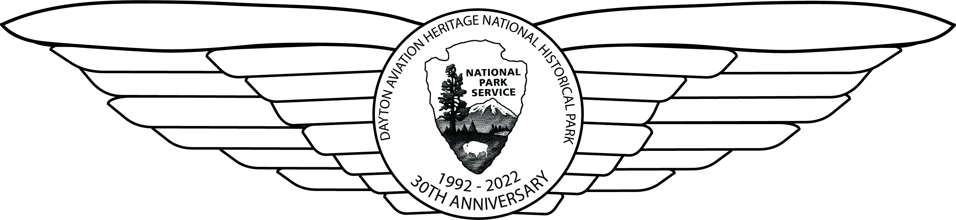 Image of 30th anniversary logo. An NPS arrowhead sits at the center of pilot wings stretch and in the center it reads " Dayton Aviation Heritage National Historical Park, 1992 - 2022, 30th anniversary.