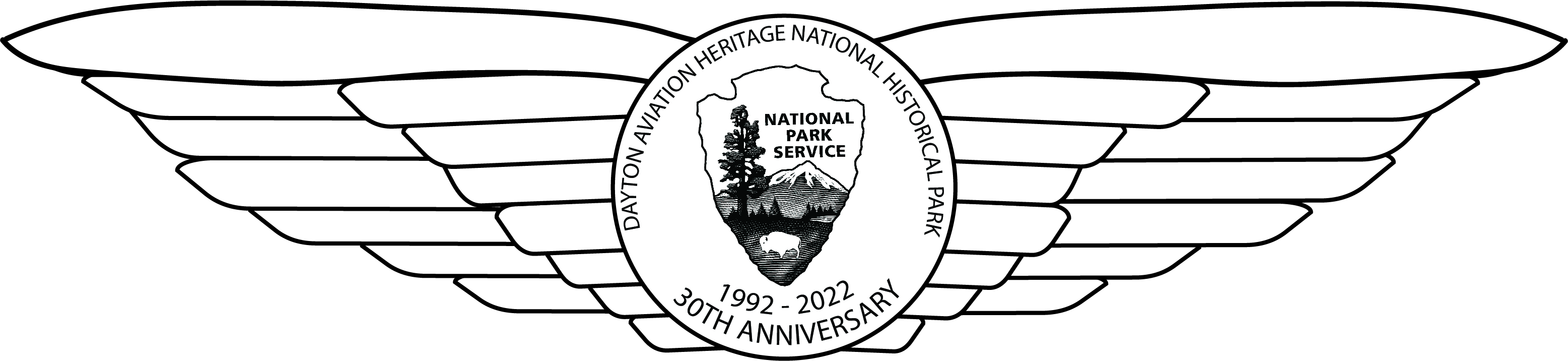 30th Anniversary Pilot Wings Image of 30th anniversary logo. An NPS arrowhead sits at the center of pilot wings stretch and in the center it reads " Dayton Aviation Heritage National Historical Park, 1992 - 2022, 30th anniversary.