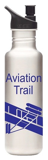 A Steel Water Bottle with black cap and "Aviation Trail" in blue letters and a blue drawing of a Wright glider. A Steel Water Bottle with black cap and "Aviation Trail" in blue letters and a blue drawing of a Wright glider.