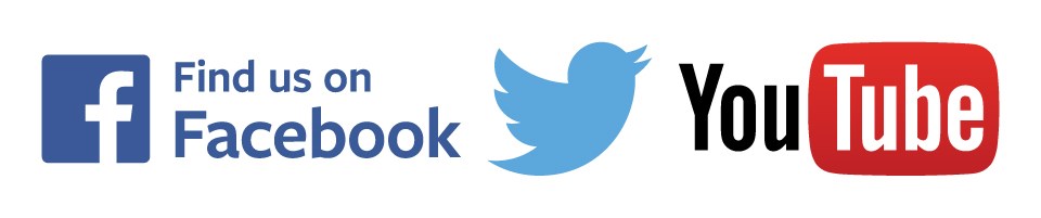 The facebook logo on left, twitter bird logo in center and You Tube logo on right.