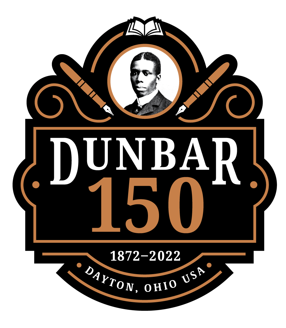 Logo for the Dunbar 150 event. An artistic design featuring Paul Laurence Dunbar's portrait alongside a book and pens. Text reads, "Dunbar 150, 1872-1906, Dayton, Ohio."